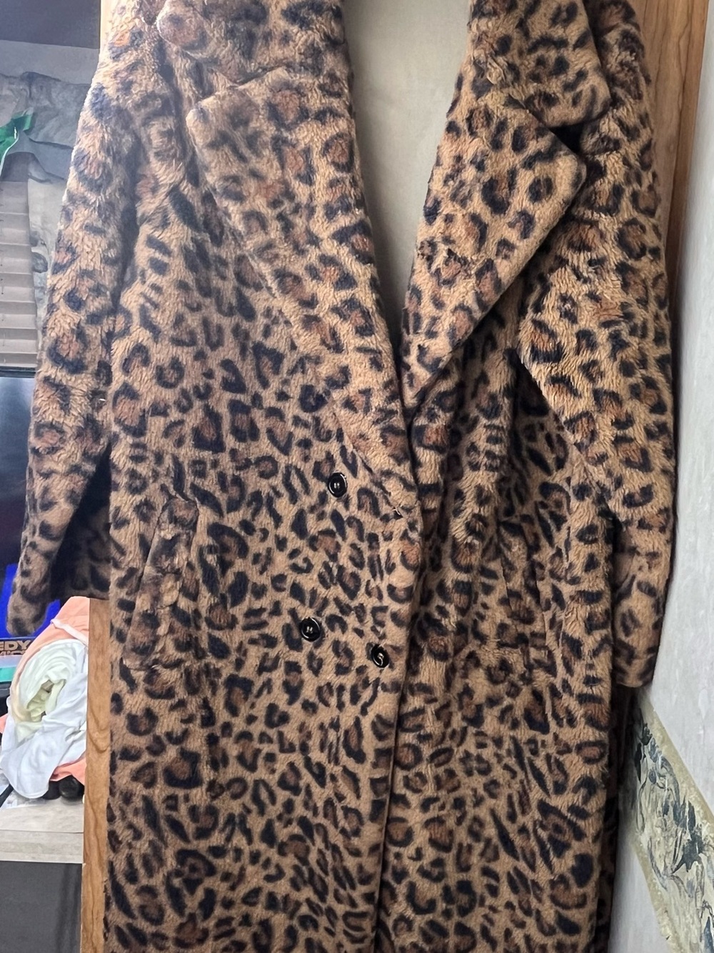 SHEIN Leopard Print Faux Fur Long Coat - Tan/Brown XL